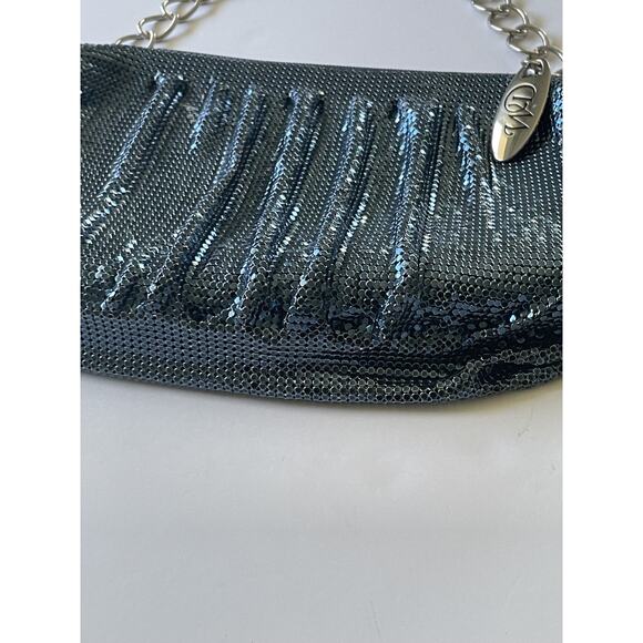WD Whiting & Davis Blue Metalic Chain mail Mesh Shoulder Bag Evening Bag - Picture 15 of 16